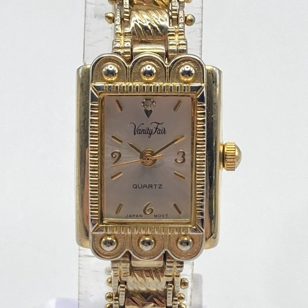 Vintage Vanity Fair Women's Watch 18mm Gold Tone Ornate Tank New Battery 6.75